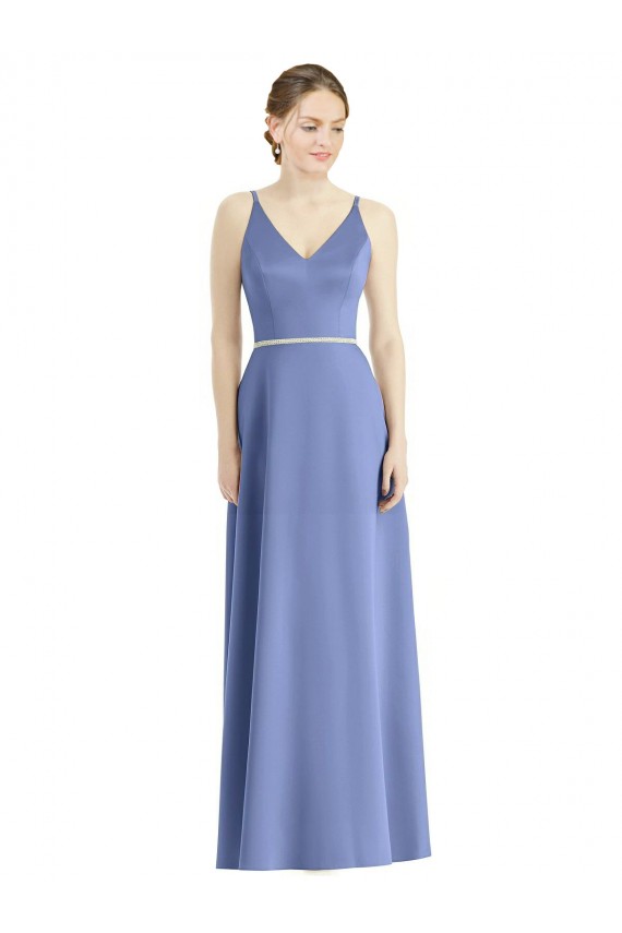 Discount Long Floor Length V-Neck Satin Bridesmaid Dress with Spaghetti Straps