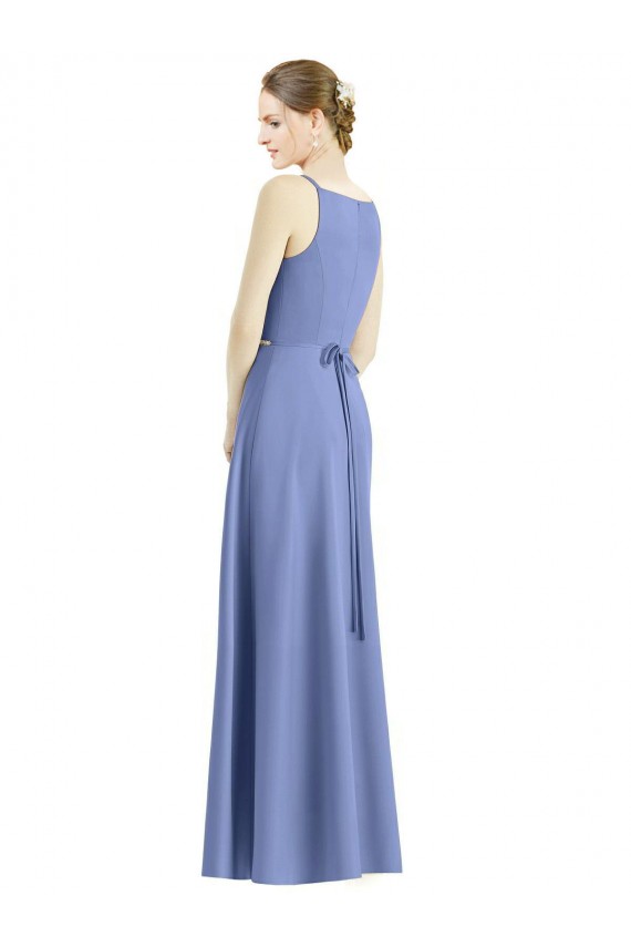 Discount Long Floor Length V-Neck Satin Bridesmaid Dress with Spaghetti Straps