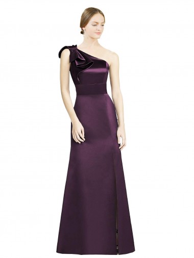 Discount Full Length One Shoulder Satin Bridesmaid Dress with Bow Shoulder Detail