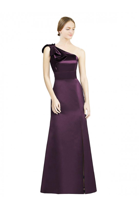 Discount Full Length One Shoulder Satin Bridesmaid Dress with Bow Shoulder Detail