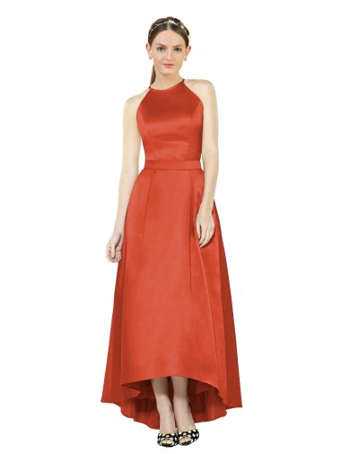 Discount Full Length Halter Satin Bridesmaid Dress with Hi-Low Hem Detail