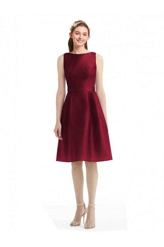 Discount Short Midi Length Satin Cocktail Bridesmaid Dress with Bateau Neckline and V-Back
