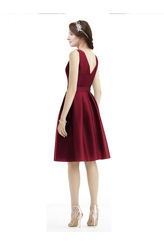 Discount Short Midi Length Satin Cocktail Bridesmaid Dress with Bateau Neckline and V-Back