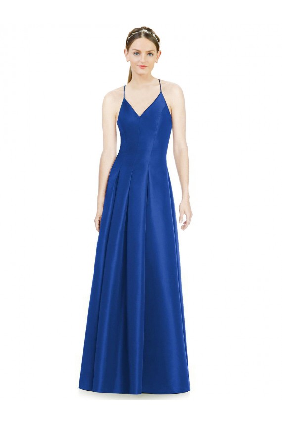 Discount Full Pleated V-Neck Long Satin Bridesmaid Dress with Criss Cross Open Back
