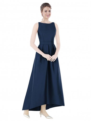 Discount Full Length Sleeveless Long Satin Bridesmaid Dress with High Low Hem Detail