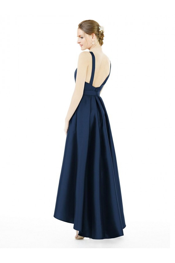 Discount Full Length Sleeveless Long Satin Bridesmaid Dress with High Low Hem Detail