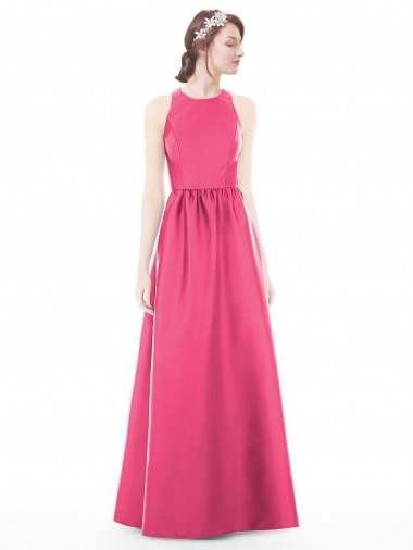 Discount Jewel Neck Keyhole Back Sleek Long Satin Bridesmaid Dress