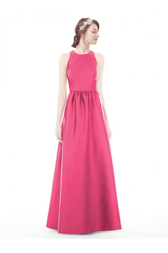 Discount Jewel Neck Keyhole Back Sleek Long Satin Bridesmaid Dress