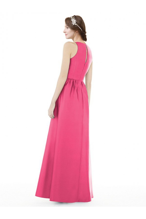 Discount Jewel Neck Keyhole Back Sleek Long Satin Bridesmaid Dress