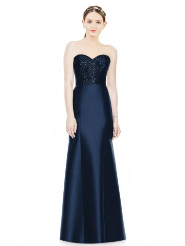 Discount Full Length Strapless Satin Bridesmaid Dress with Lace Sweetheart Neckline
