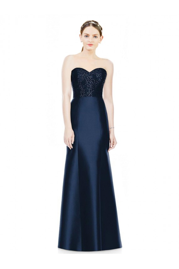 Discount Full Length Strapless Satin Bridesmaid Dress with Lace Sweetheart Neckline