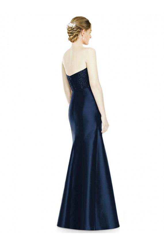 Discount Full Length Strapless Satin Bridesmaid Dress with Lace Sweetheart Neckline