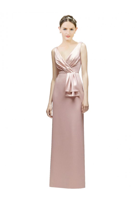 Discount Sleeveless V-Neck Long Satin Bridesmaid Dress with Draped Bodice and Tiered Bow
