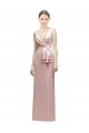 Discount Sleeveless V-Neck Long Satin Bridesmaid Dress with Draped Bodice and Tiered Bow