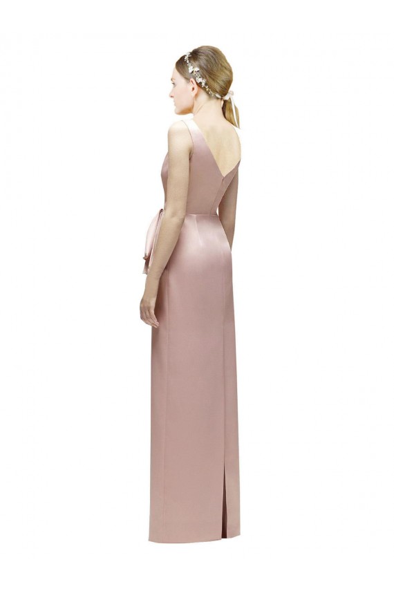 Discount Sleeveless V-Neck Long Satin Bridesmaid Dress with Draped Bodice and Tiered Bow