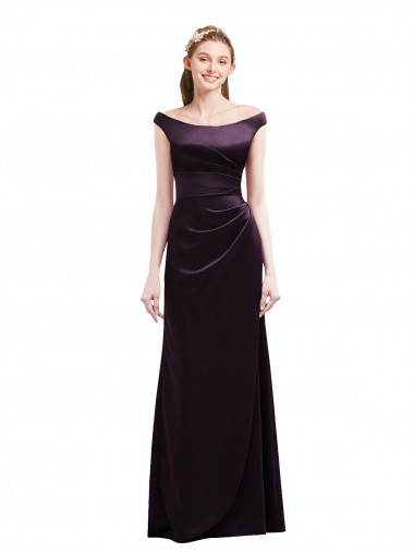 Discount Off The Shoulder Long Satin Bridesmaid Dress with Asymmetrical Pleated Bodice