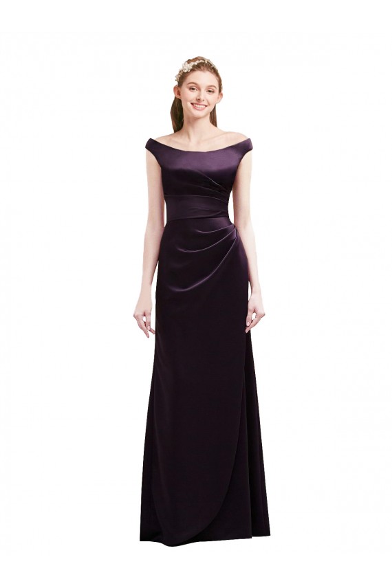 Discount Off The Shoulder Long Satin Bridesmaid Dress with Asymmetrical Pleated Bodice