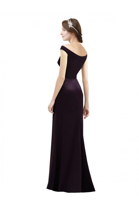 Discount Off The Shoulder Long Satin Bridesmaid Dress with Asymmetrical Pleated Bodice