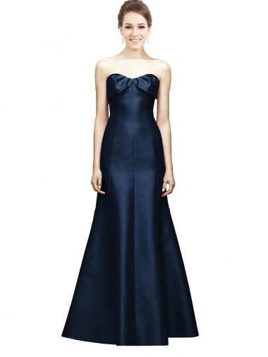 Discount Long Strapless Satin Bridesmaid Dress with Pleated Cuff Neckline