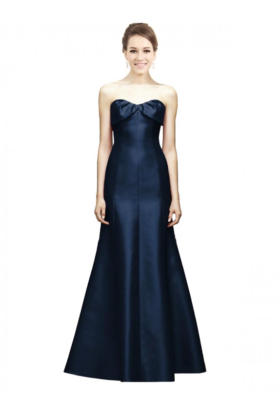 Discount Long Strapless Satin Bridesmaid Dress with Pleated Cuff Neckline