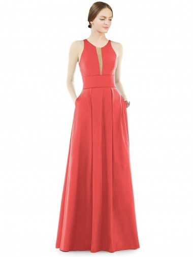 Discount Sheer V-Neck Tulle Illusion Long Satin Bridesmaid Dress