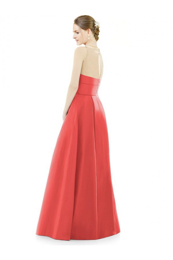 Discount Sheer V-Neck Tulle Illusion Long Satin Bridesmaid Dress