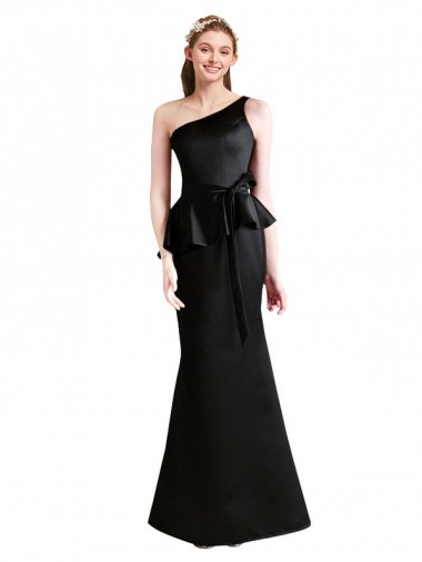 Discount Long One Shoulder Satin Bridesmaid Dress with Bow Ties