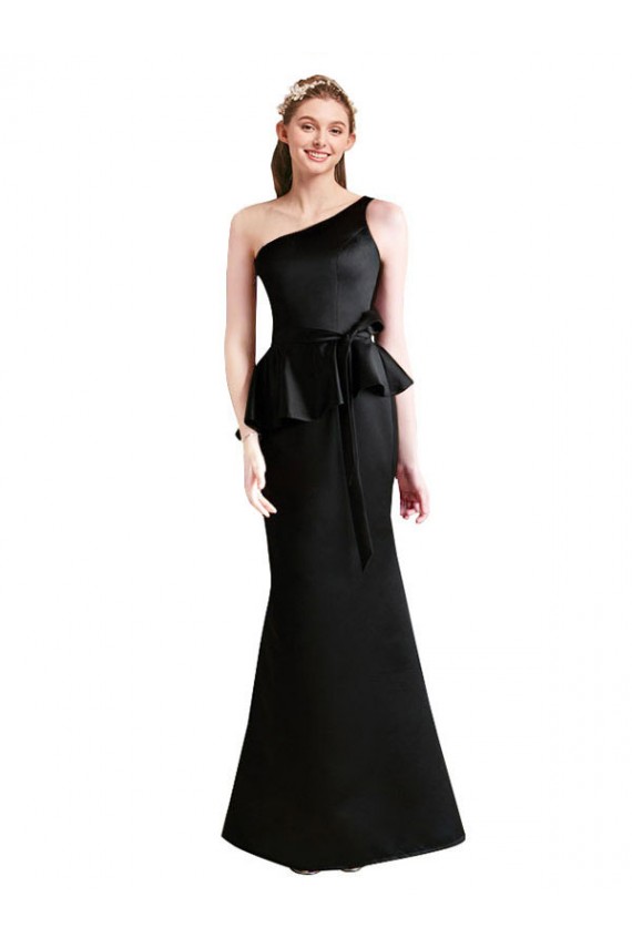 Discount Long One Shoulder Satin Bridesmaid Dress with Bow Ties