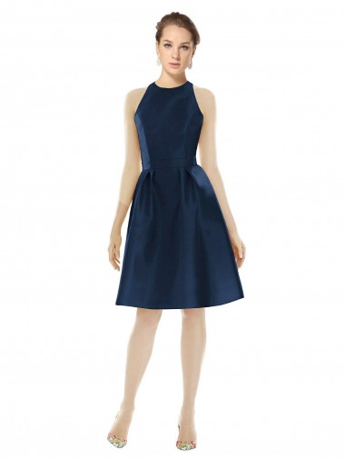 Discount Short Halter Cocktail Length Luxe Satin Cocktail Bridesmaid Dress