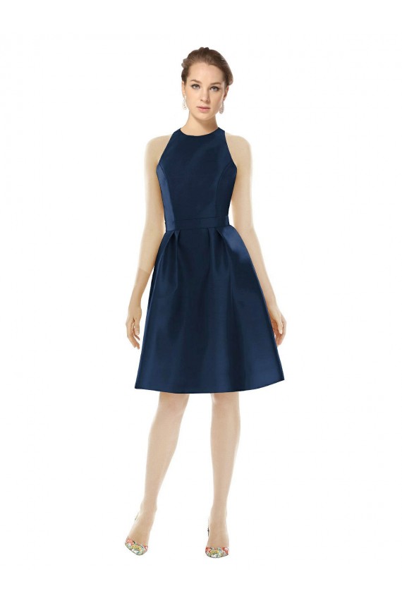 Discount Short Halter Cocktail Length Luxe Satin Cocktail Bridesmaid Dress