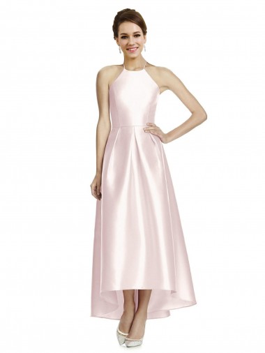 Discount Long High-Low Halter Satin Bridesmaid Dress with Criss-Cross Back