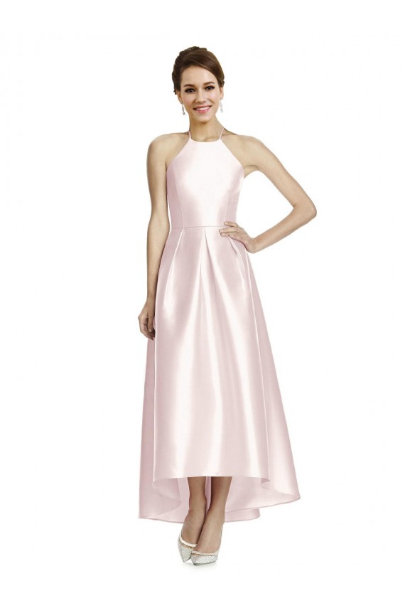 Discount Long High-Low Halter Satin Bridesmaid Dress with Criss-Cross Back