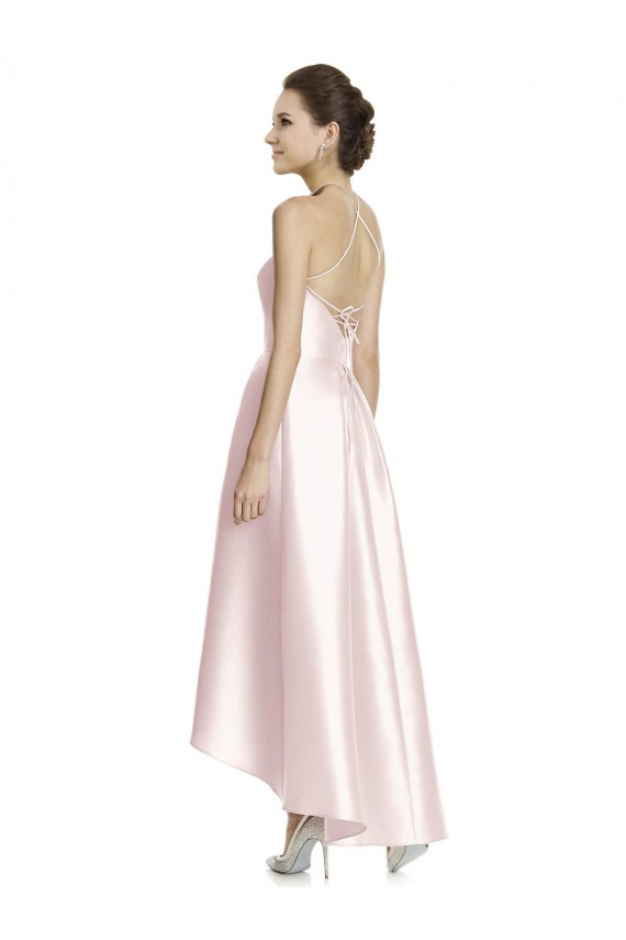 Discount Long High-Low Halter Satin Bridesmaid Dress with Criss-Cross Back