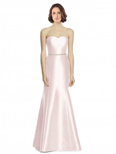 Discount Long Sweetheart Satin Bridesmaid Dress with Slim Beaded Sash