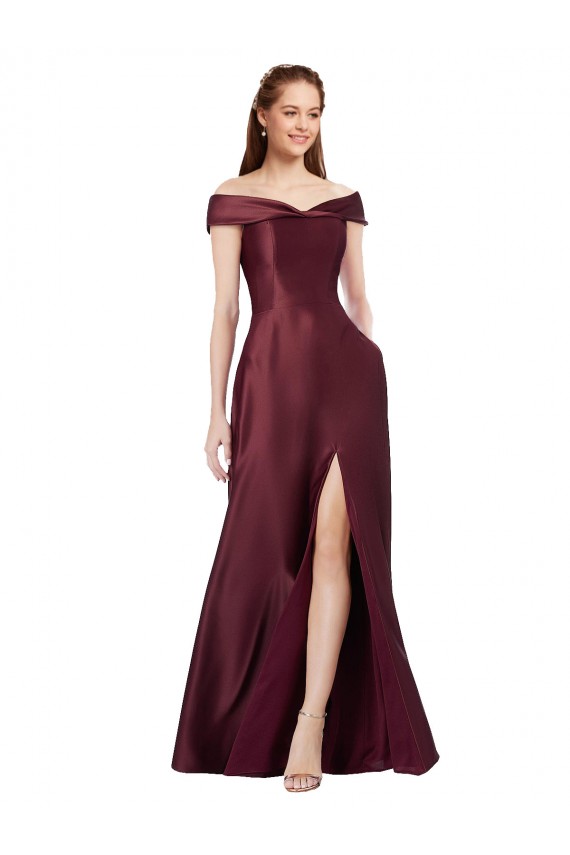 Discount Long Off the Shoulder Formal Satin Bridesmaid Dress / Prom Dress with Thigh-high Slit