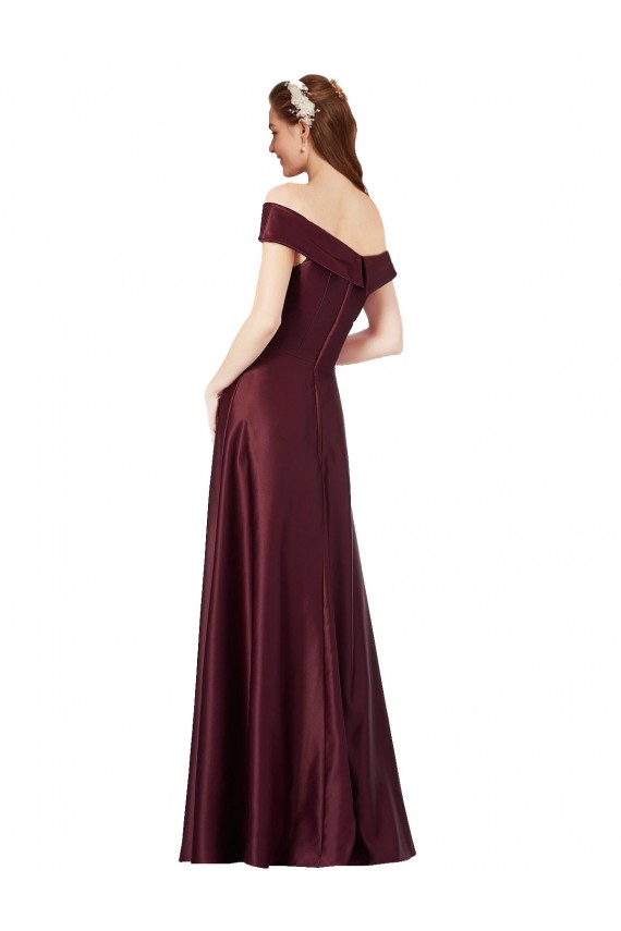 Discount Long Off the Shoulder Formal Satin Bridesmaid Dress / Prom Dress with Thigh-high Slit