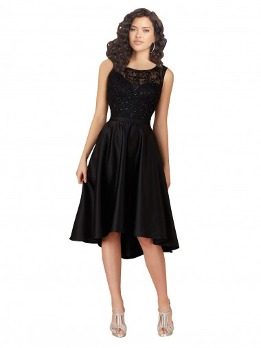 Discount Short High Low Satin Cocktail Bridesmaid Dress with a Beaded and Embroidered Bodice