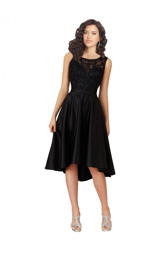Discount Short High Low Satin Cocktail Bridesmaid Dress with a Beaded and Embroidered Bodice