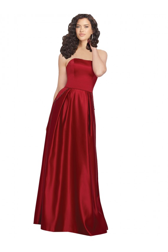 Discount Strapless Satin Bridesmaids Dress with Beaded Pocket and Soft Pleating