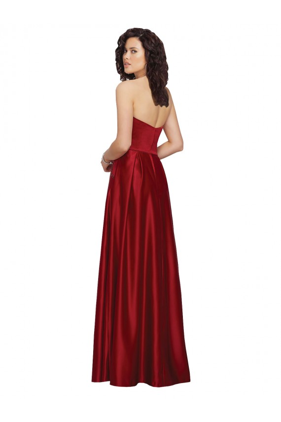 Discount Strapless Satin Bridesmaids Dress with Beaded Pocket and Soft Pleating
