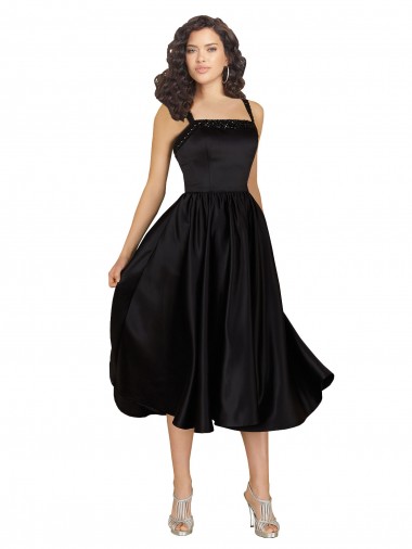Discount Short Cocktail Length Square Neck Satin Bridesmaid Dress / Prom Dress with Beading