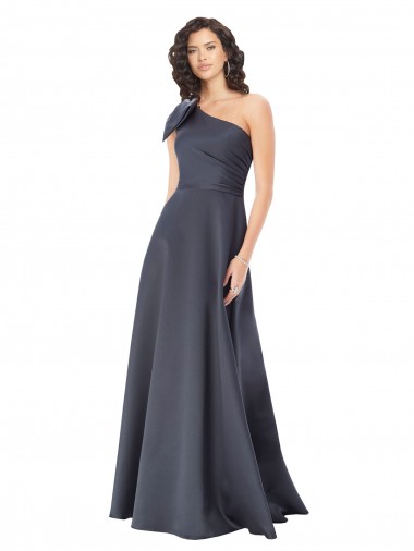 Discount Rouched One Shoulder Floor Length Formal Satin Bridesmaid Dress / Prom Dress with Bow