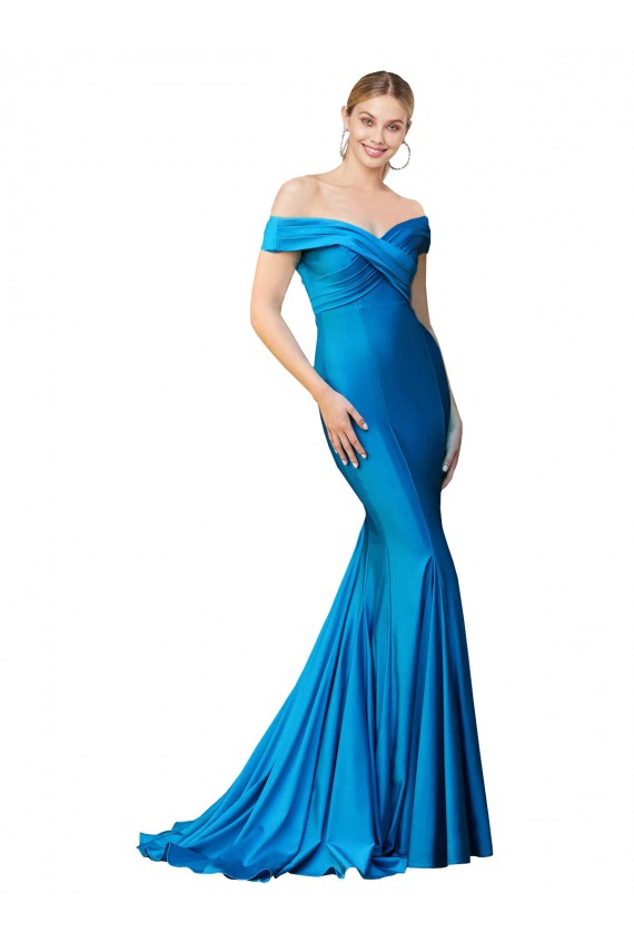 Discount Off the Shoulder Long Chapel Train Formal Satin Bridesmaid Dress / Prom Dress