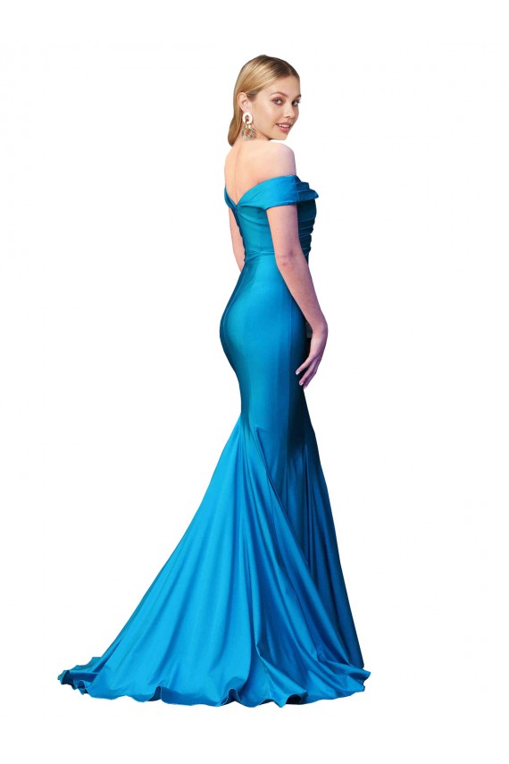 Discount Off the Shoulder Long Chapel Train Formal Satin Bridesmaid Dress / Prom Dress