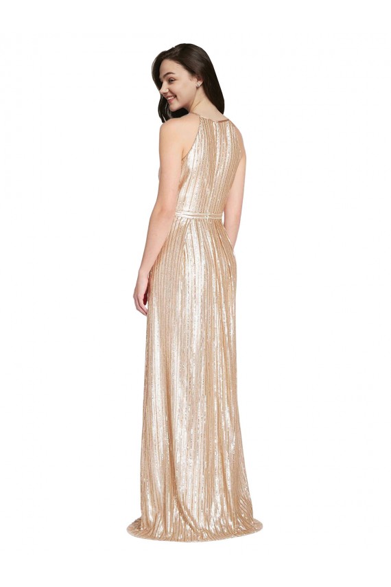 Discount Floor Length Halter Neck Sparkling Formal Sequin Bridesmaid Dress / Prom Dress with Pleats