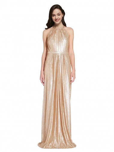 Discount Floor Length Halter Neck Sparkling Formal Sequin Bridesmaid Dress / Prom Dress with Pleats