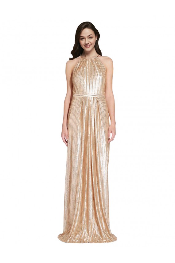 Discount Floor Length Halter Neck Sparkling Formal Sequin Bridesmaid Dress / Prom Dress with Pleats