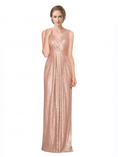 Discount Draped V-Neck Striking Sheath Floor Length Formal Sequin Bridesmaid Dress / Prom Dress