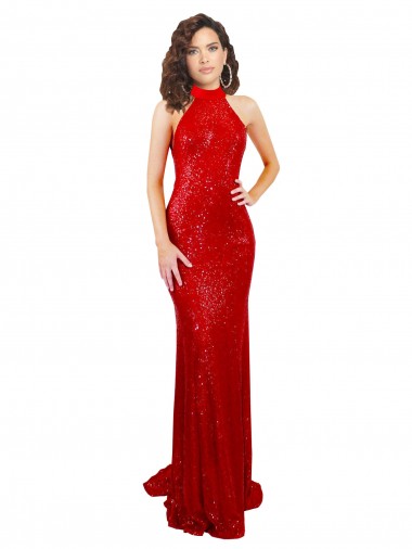 Discount Halter High Neck Mermaid Open Back Formal Sequin Bridesmaid Dress / Prom Dress