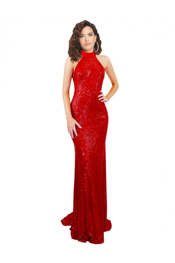 Discount Halter High Neck Mermaid Open Back Formal Sequin Bridesmaid Dress / Prom Dress